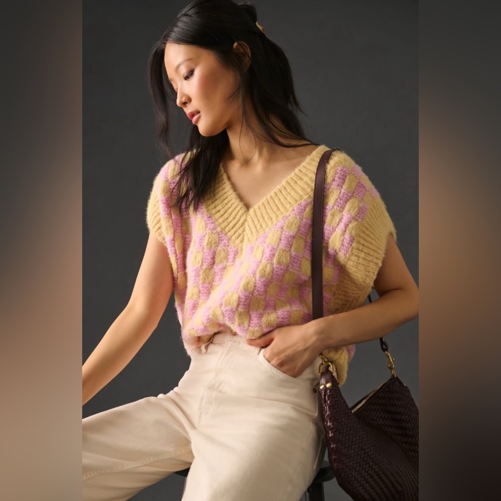 New Anthropologie English Factory Checked Sweater Vest Sz Medium